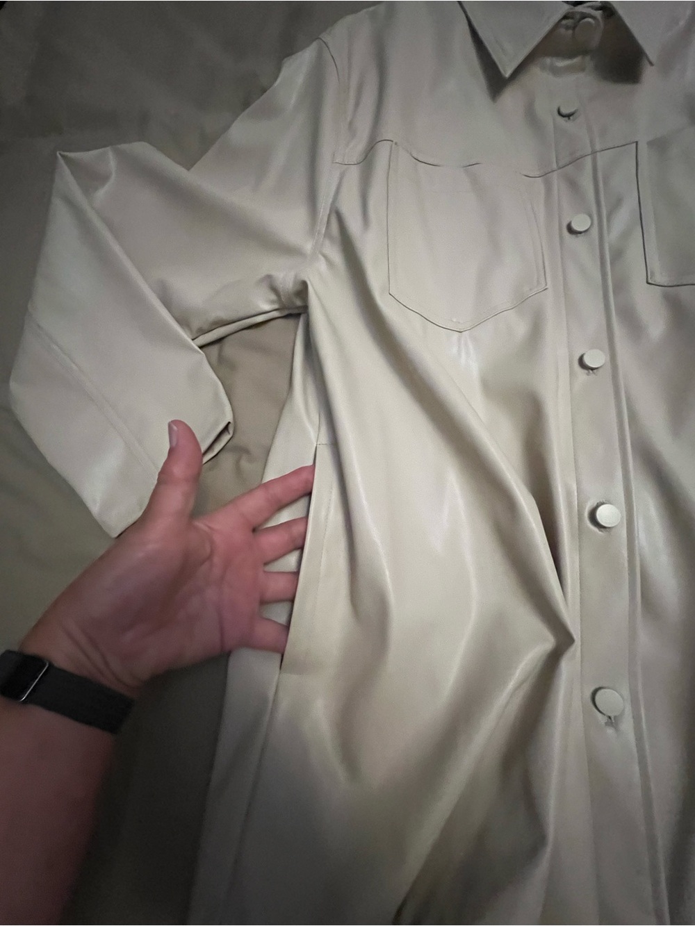 Cream Faux Leather Button Front Shirt Jacket - Picture 3 of 10